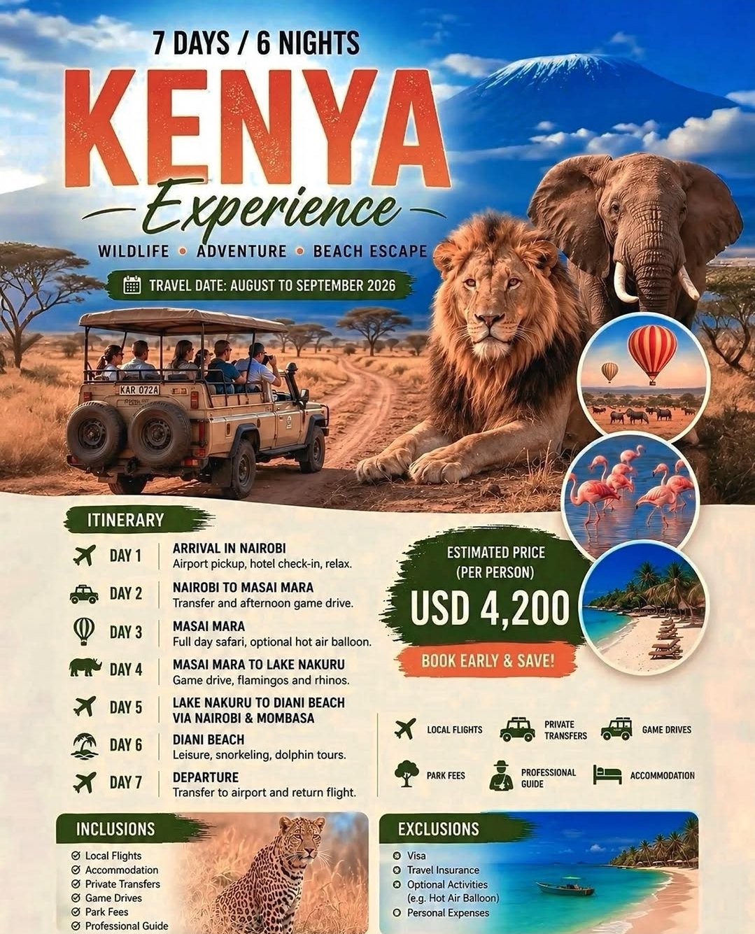 7-Days 6 Nights safari and beach flyer